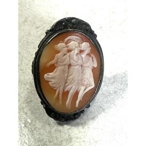 Vintage Antique Sz 8 Silver Cameo Ring Three Graces Classical Relief